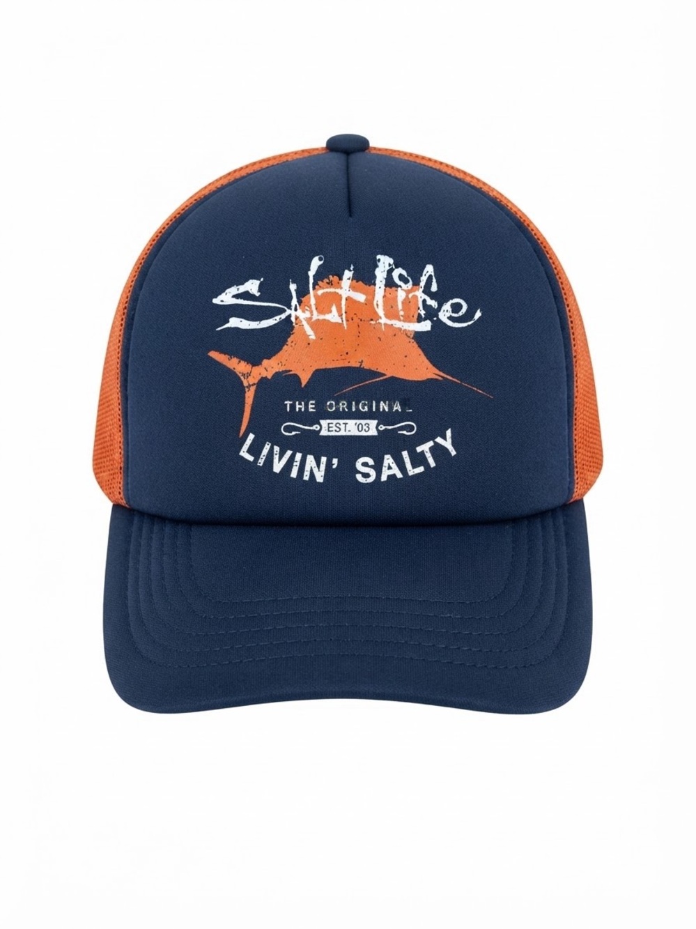 Salt Life Navy and Orange Trucker Hat - Livin' Salty Logo
